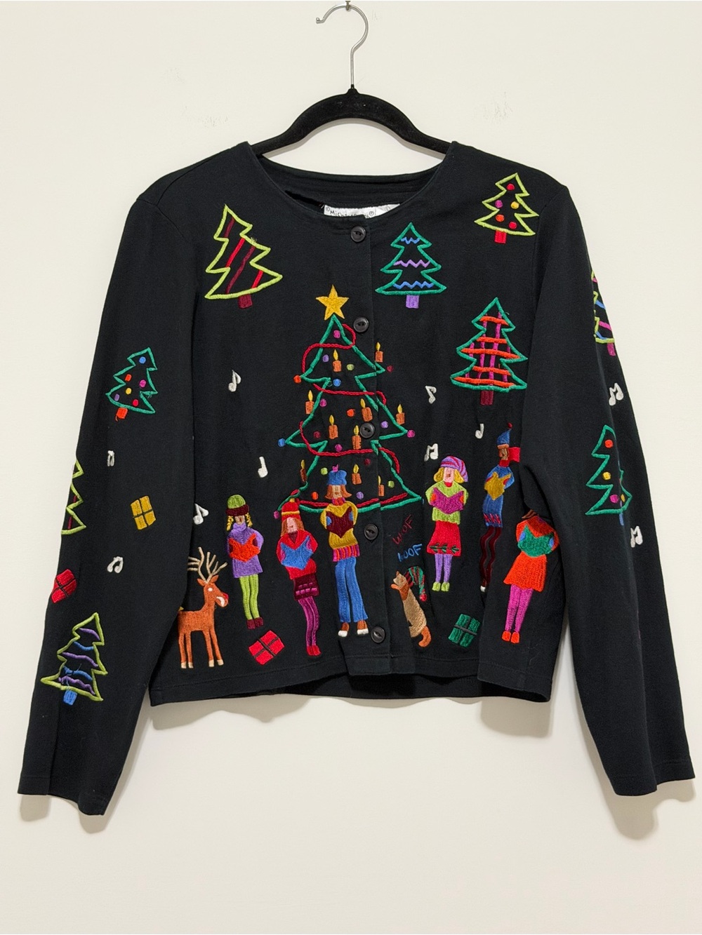 Michael Simon Lite VTG Large Embroidered Carolers Christmas Cardigan Holiday Art